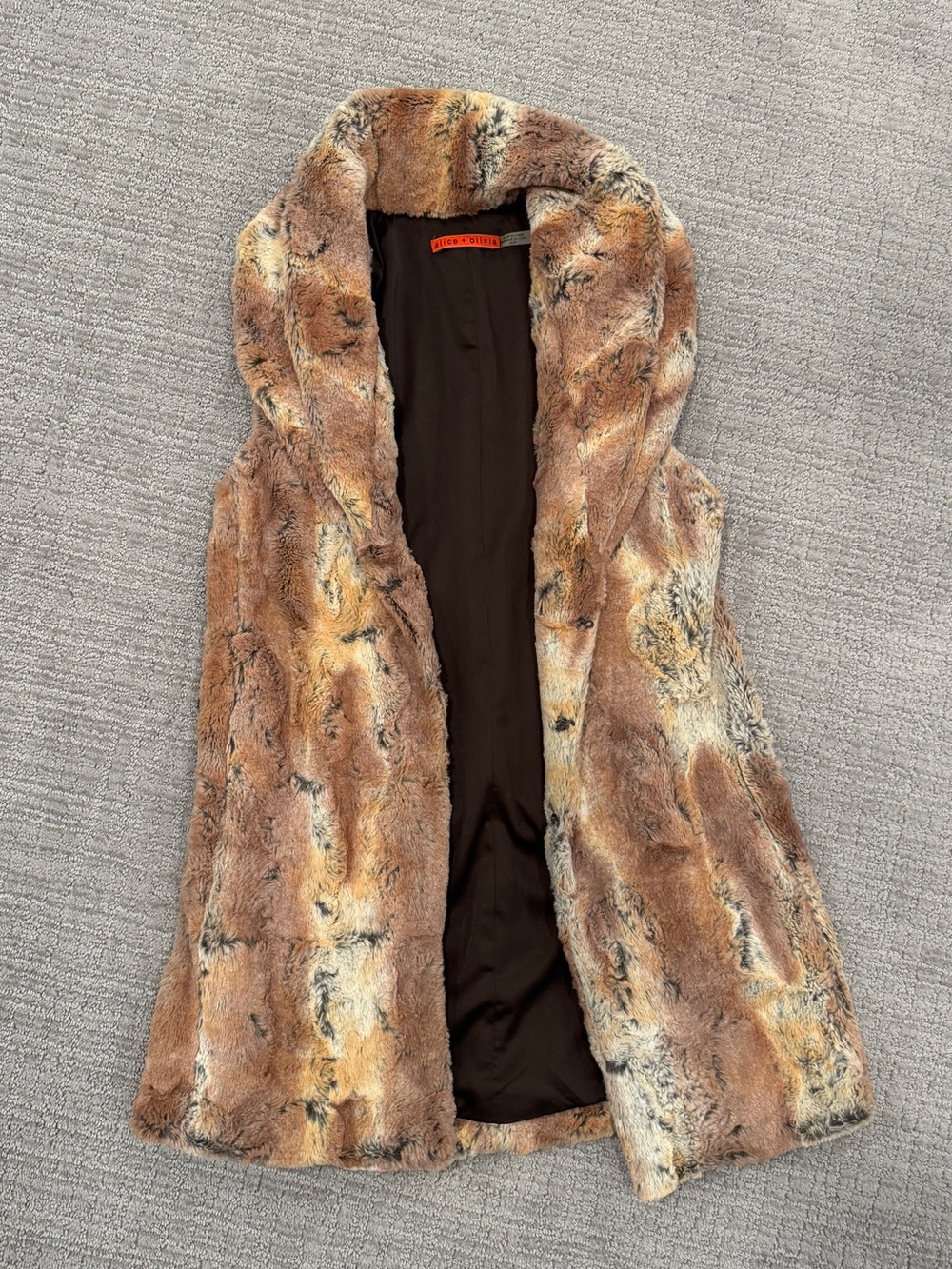Alice + Olivia Faux Fur Hooded Vest in Brown and Cream